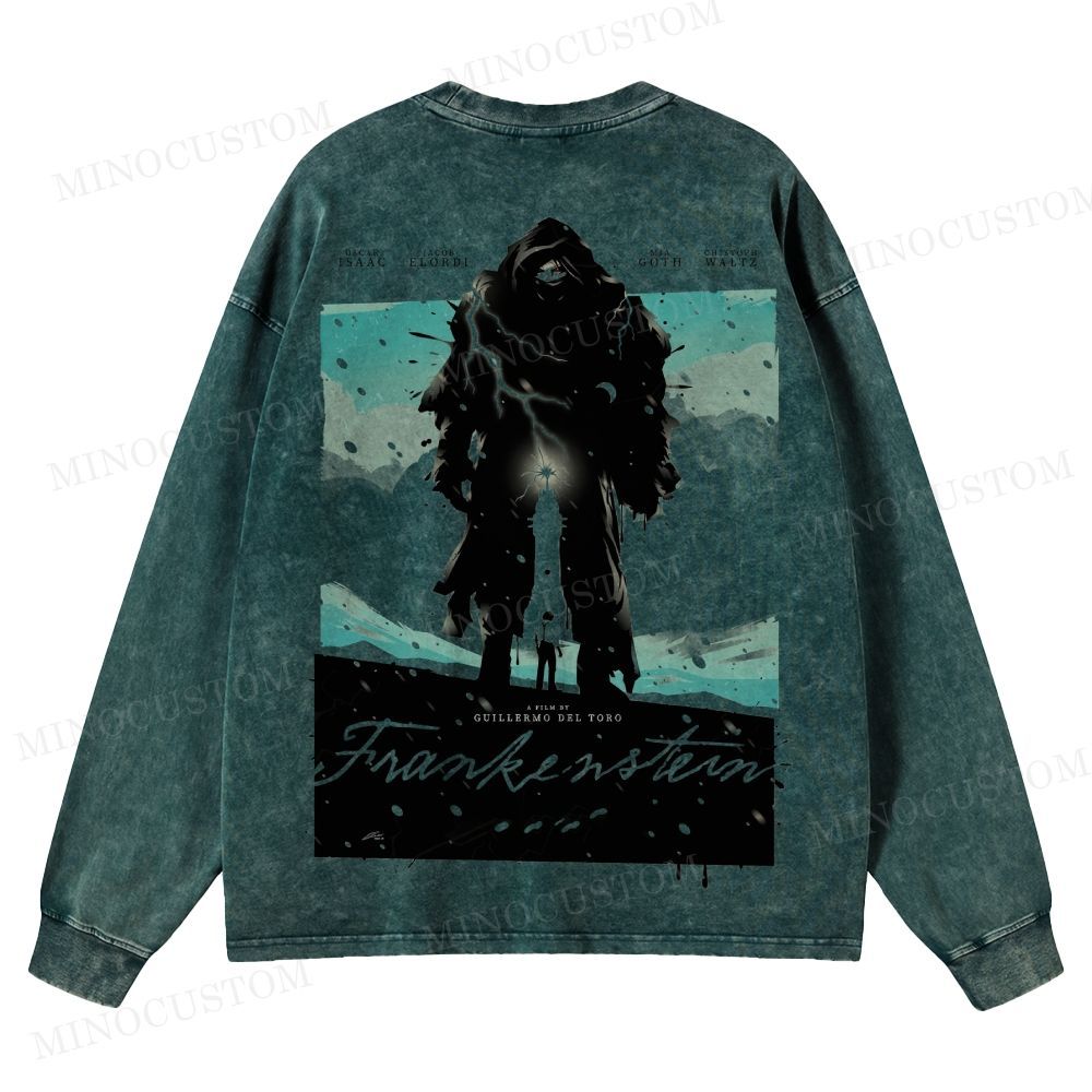 Frankenstein (Guillermo del Toro’s Version) Gothic Horror Retro Art Graphic Washed Long-Sleeved T-Shirt