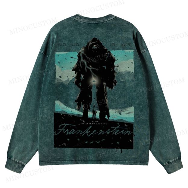Frankenstein (Guillermo del Toro’s Version) Gothic Horror Retro Art Graphic Washed Long-Sleeved T-Shirt