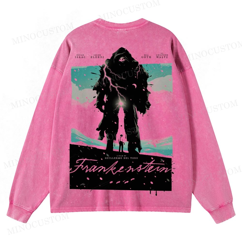 Frankenstein (Guillermo del Toro’s Version) Gothic Horror Retro Art Graphic Washed Long-Sleeved T-Shirt