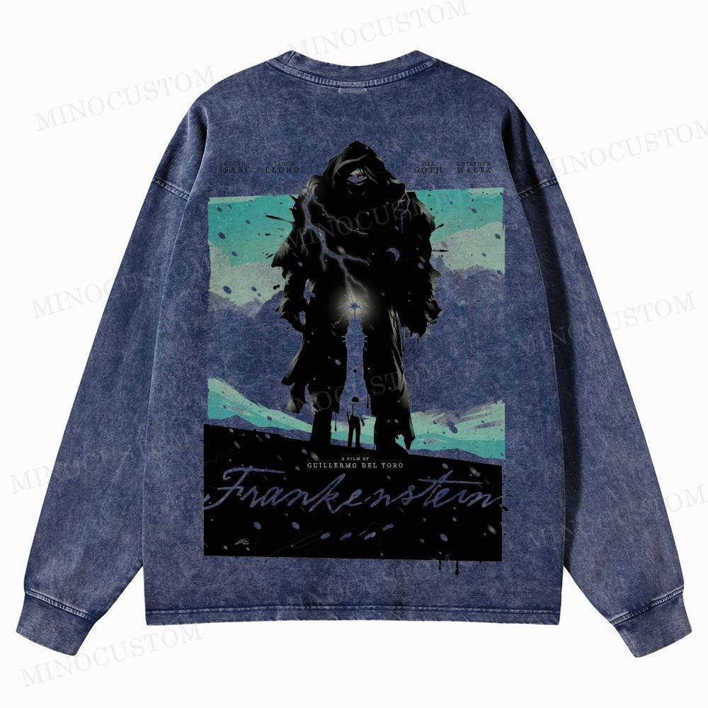 Frankenstein (Guillermo del Toro’s Version) Gothic Horror Retro Art Graphic Washed Long-Sleeved T-Shirt