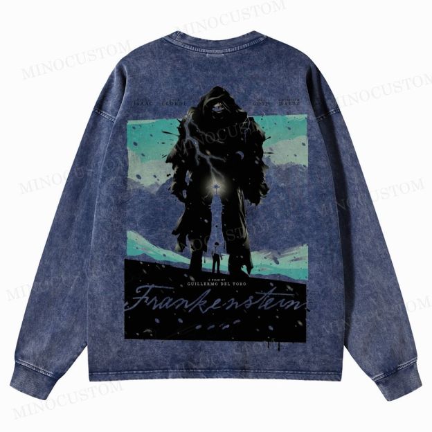 Frankenstein (Guillermo del Toro’s Version) Gothic Horror Retro Art Graphic Washed Long-Sleeved T-Shirt