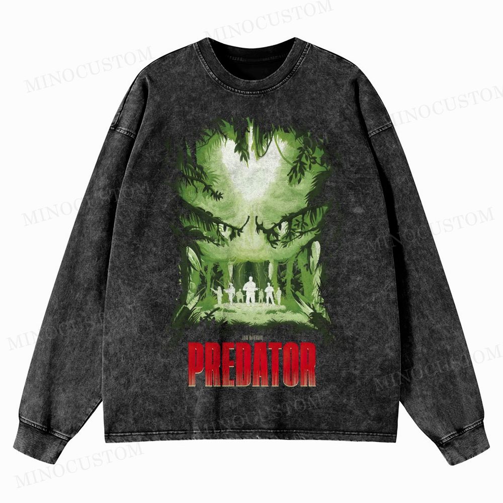 Predator Sci-Fi Action Jungle Poster Graphic  Washed Long-Sleeved T-Shirt