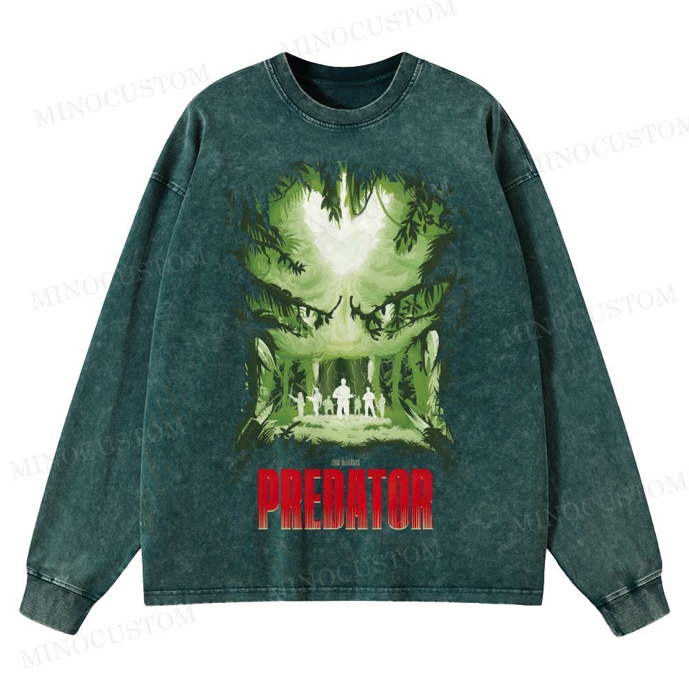 Predator Sci-Fi Action Jungle Poster Graphic  Washed Long-Sleeved T-Shirt