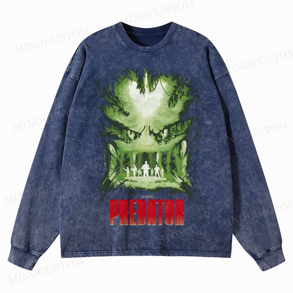 Predator Sci-Fi Action Jungle Poster Graphic  Washed Long-Sleeved T-Shirt