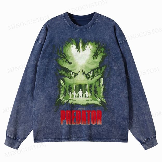 Predator Sci-Fi Action Jungle Poster Graphic  Washed Long-Sleeved T-Shirt
