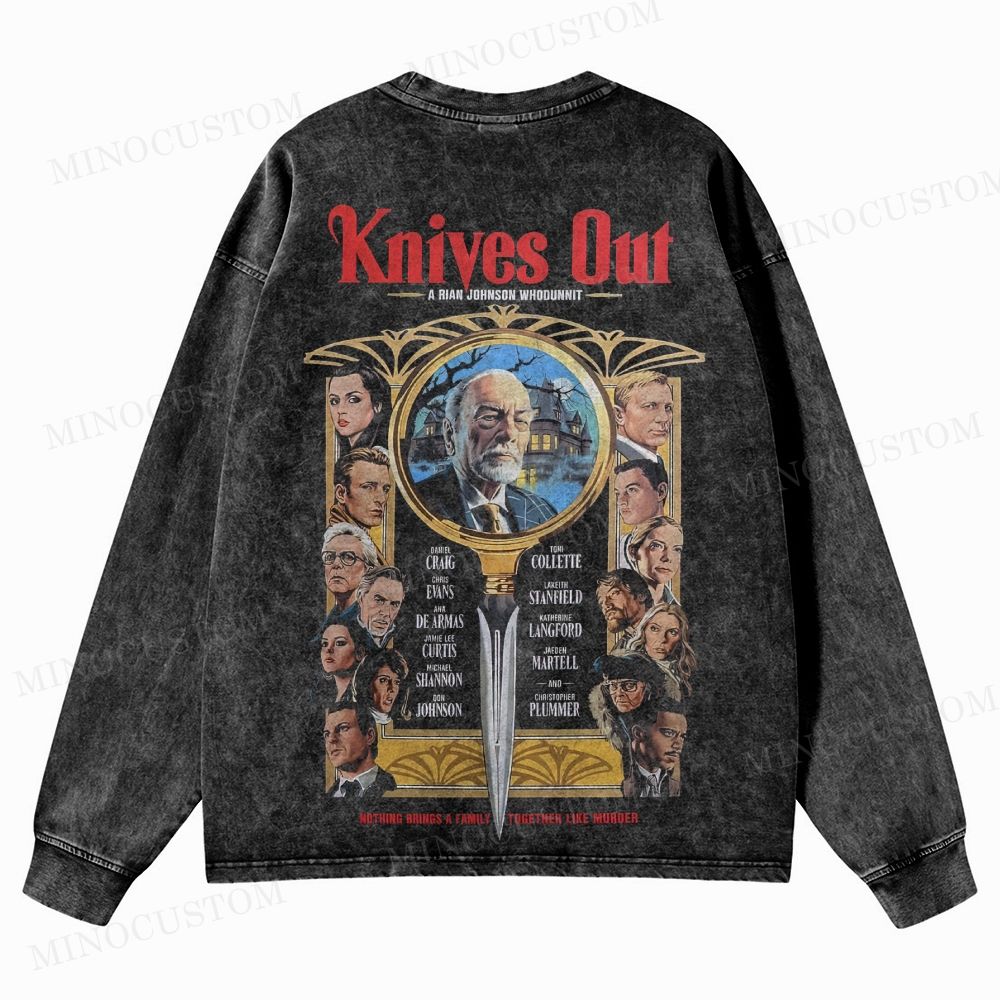 Knives Out Mystery Thriller Retro Poster Graphic Washed Long-Sleeved T-Shirt