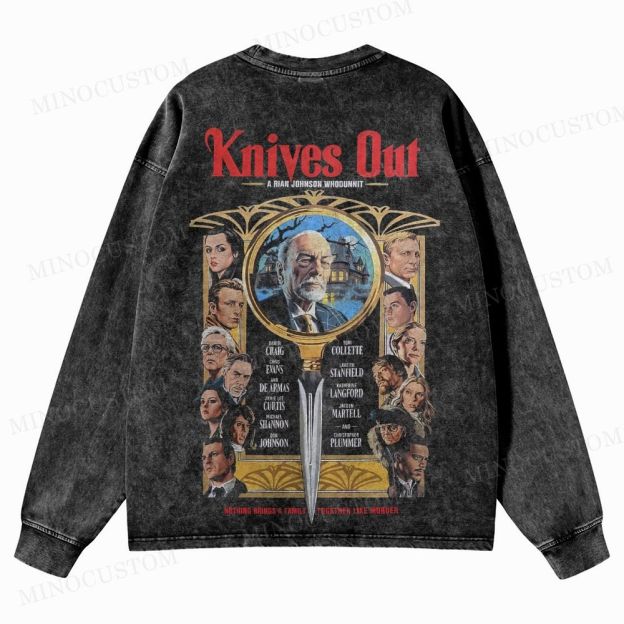 Knives Out Mystery Thriller Retro Poster Graphic Washed Long-Sleeved T-Shirt