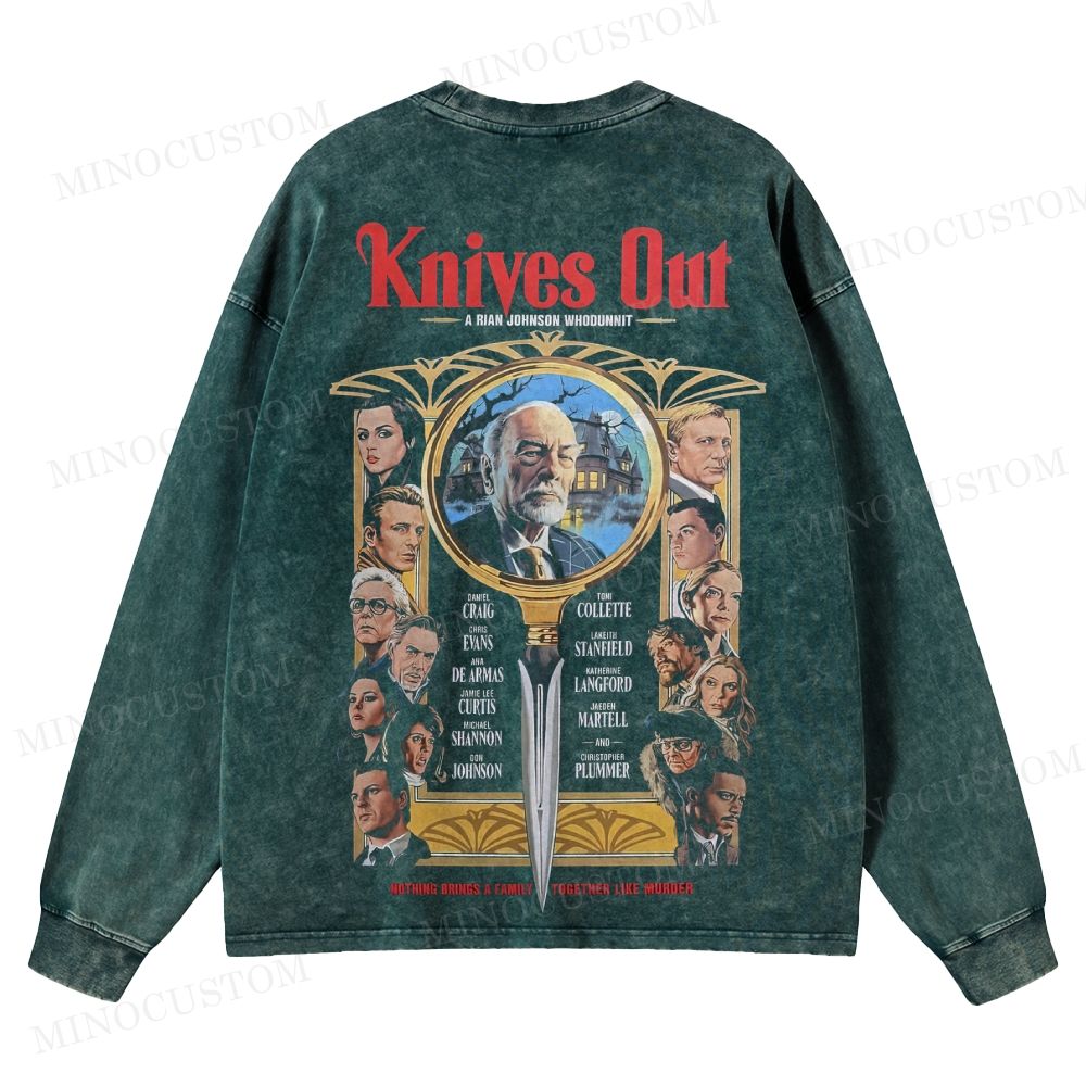 Knives Out Mystery Thriller Retro Poster Graphic Washed Long-Sleeved T-Shirt