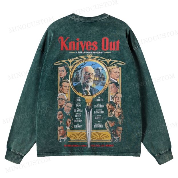 Knives Out Mystery Thriller Retro Poster Graphic Washed Long-Sleeved T-Shirt