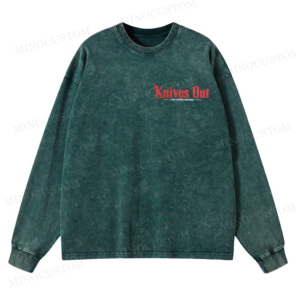 Knives Out Mystery Thriller Retro Poster Graphic Washed Long-Sleeved T-Shirt
