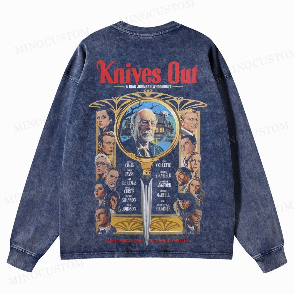 Knives Out Mystery Thriller Retro Poster Graphic Washed Long-Sleeved T-Shirt
