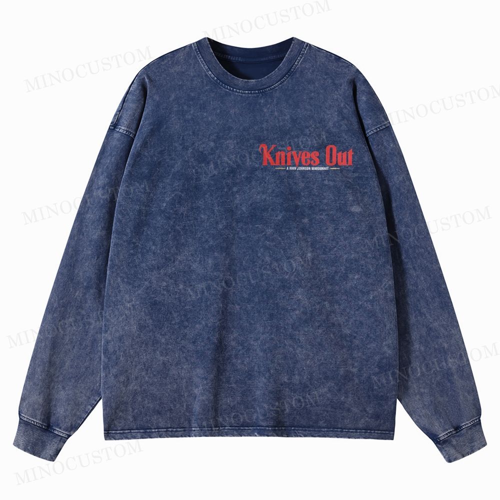 Knives Out Mystery Thriller Retro Poster Graphic Washed Long-Sleeved T-Shirt