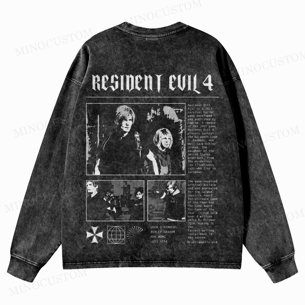 Resident Evil 4 (Remake) Survival Horror Retro Collage Graphic Washed Long-Sleeved T-Shirt