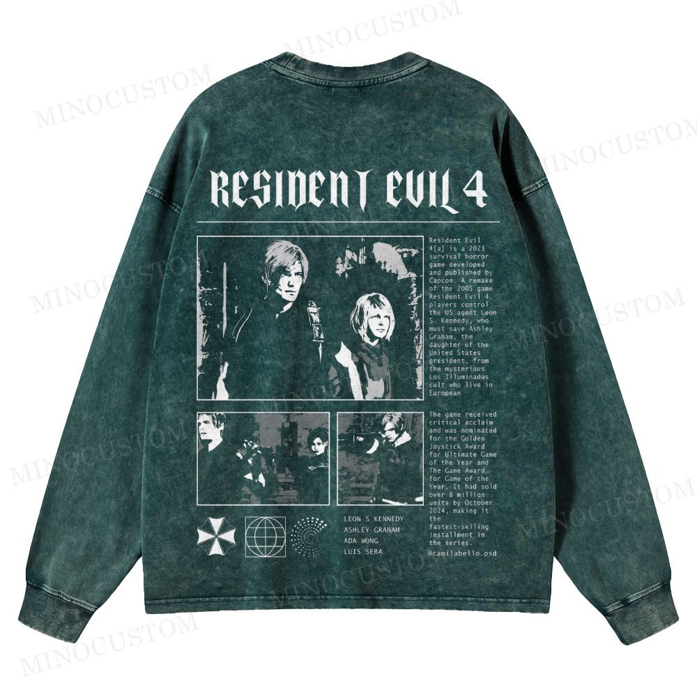 Resident Evil 4 (Remake) Survival Horror Retro Collage Graphic Washed Long-Sleeved T-Shirt