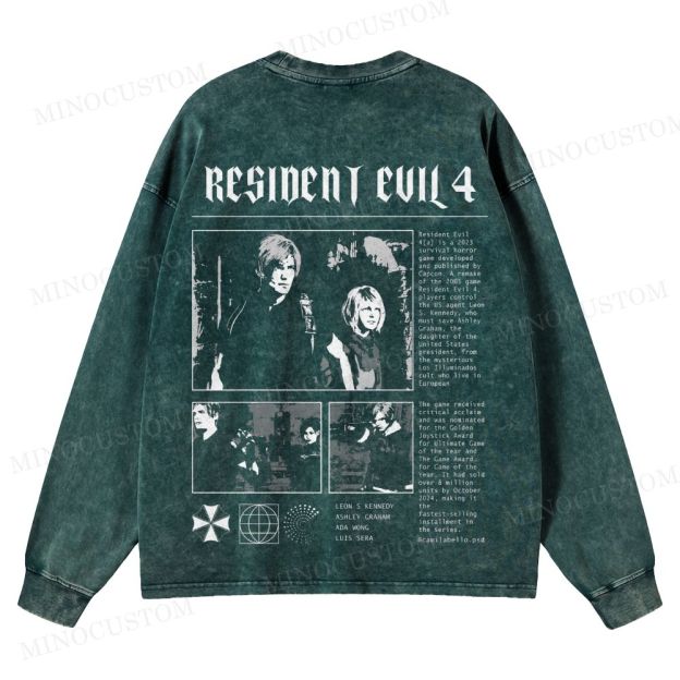 Resident Evil 4 (Remake) Survival Horror Retro Collage Graphic Washed Long-Sleeved T-Shirt