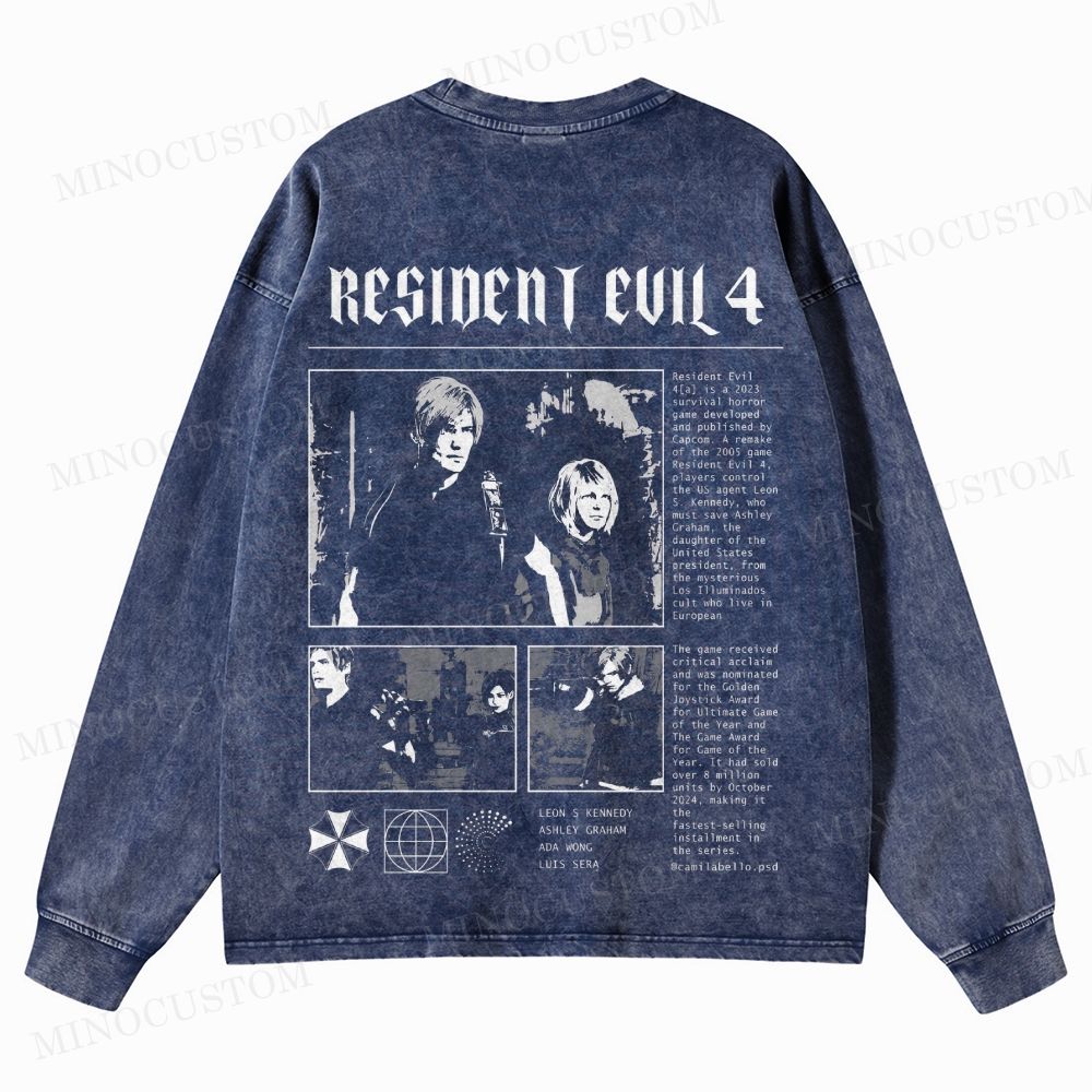 Resident Evil 4 (Remake) Survival Horror Retro Collage Graphic Washed Long-Sleeved T-Shirt