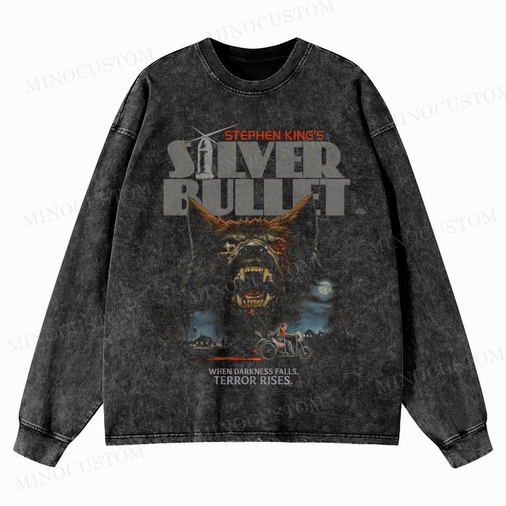 Silver Bullet Stephen King Werewolf Horror Retro Poster Graphic Washed Long-Sleeved T-Shirt
