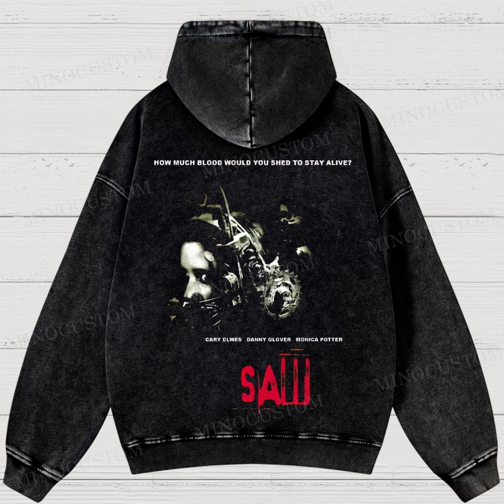 Saw Torture Horror Retro Poster Graphic Washed Hoodies
