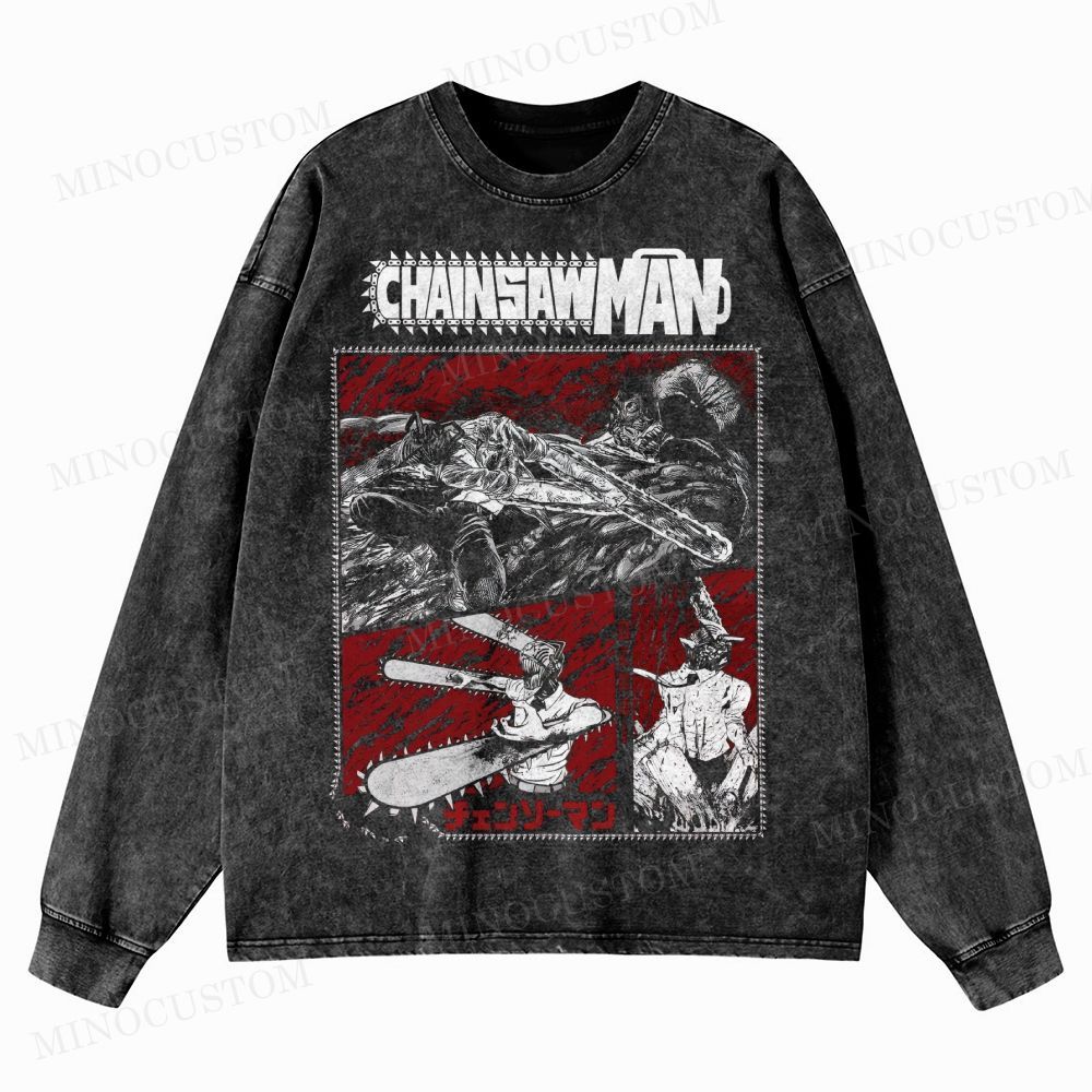 Chainsaw Man Movie Anime Washed Long-Sleeved T-Shirt