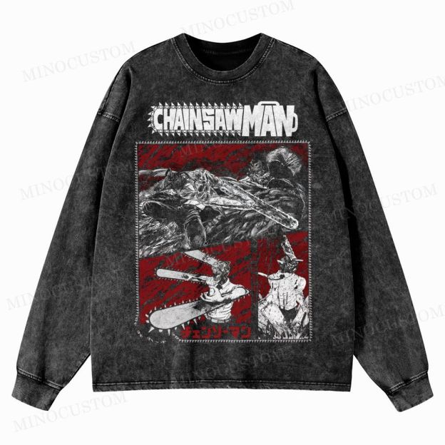 Chainsaw Man Movie Anime Washed Long-Sleeved T-Shirt 