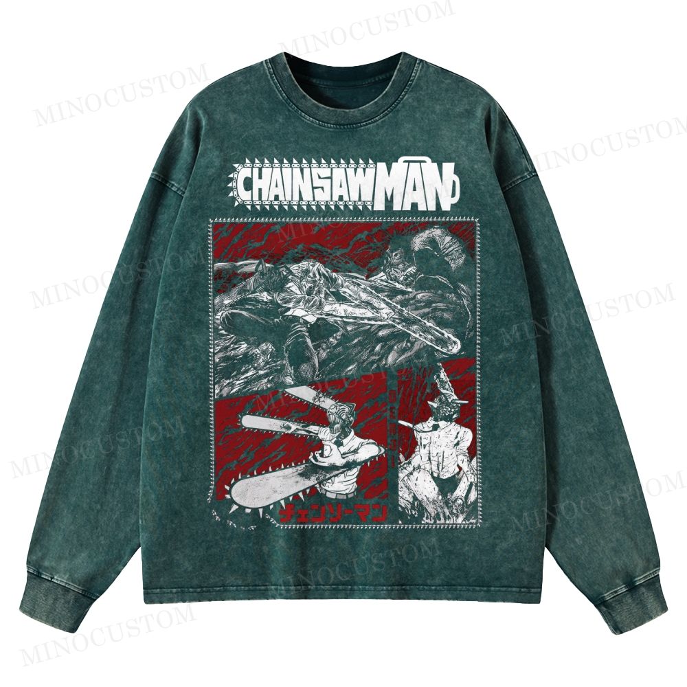 Chainsaw Man Movie Anime Washed Long-Sleeved T-Shirt 