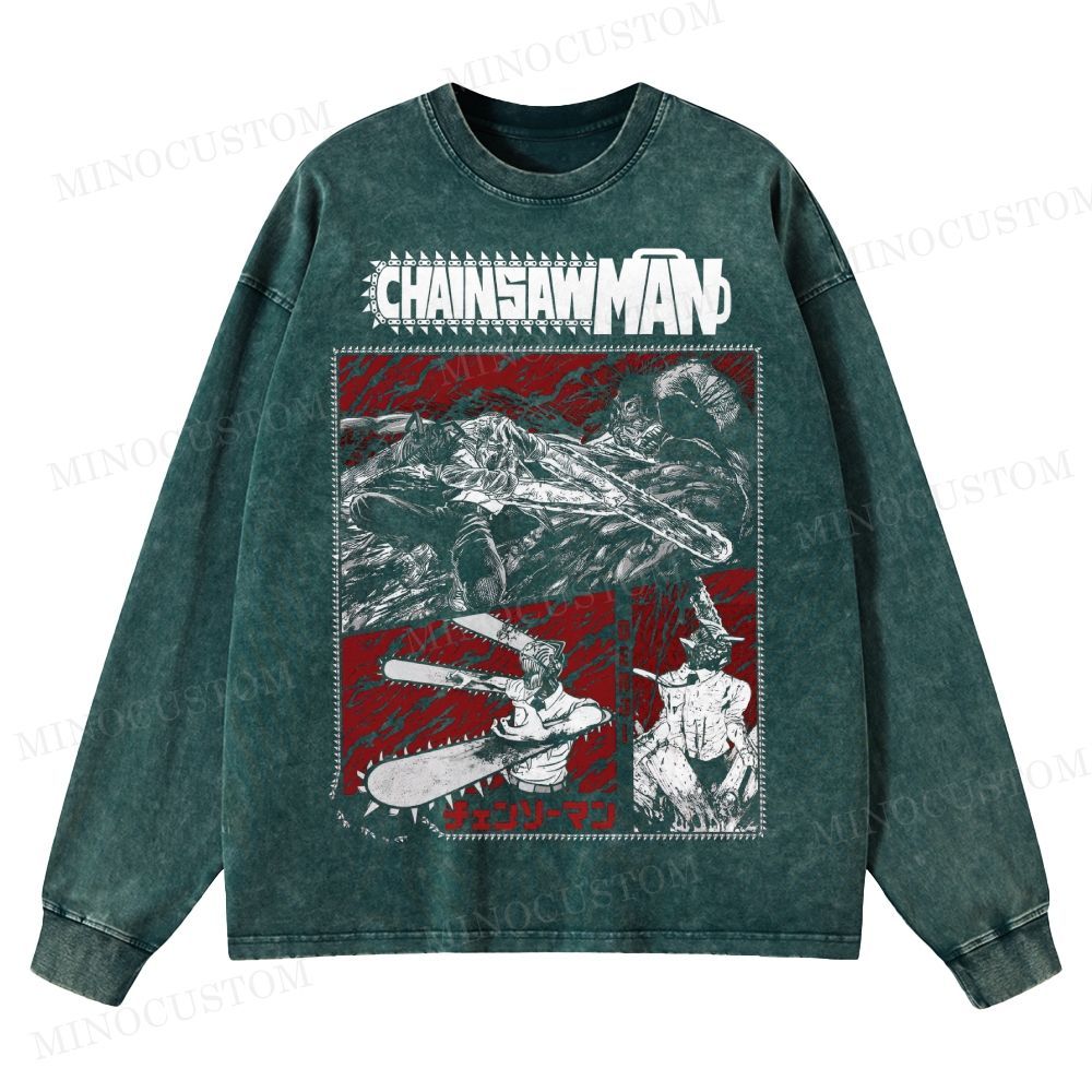 Chainsaw Man Movie Anime Washed Long-Sleeved T-Shirt 