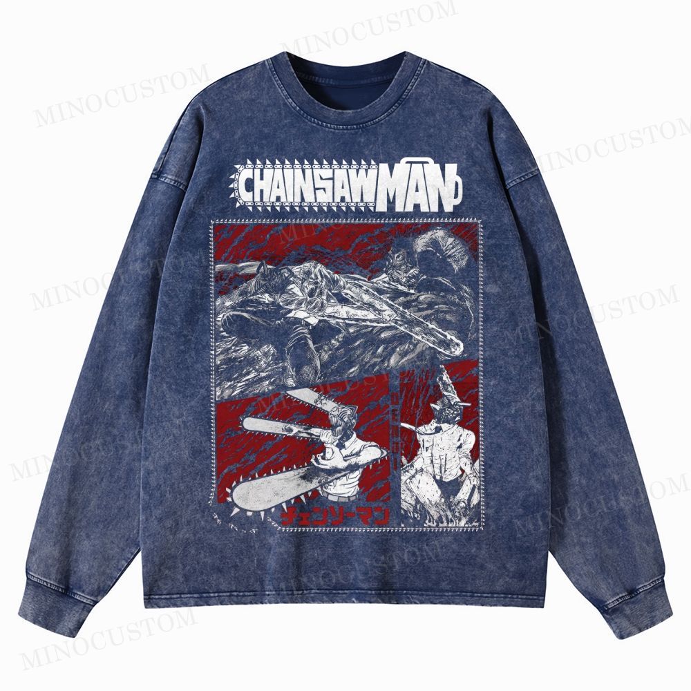 Chainsaw Man Movie Anime Washed Long-Sleeved T-Shirt 
