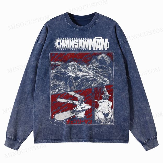 Chainsaw Man Movie Anime Washed Long-Sleeved T-Shirt 