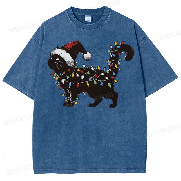 Cat Lover Christmas Washed T-Shirt 