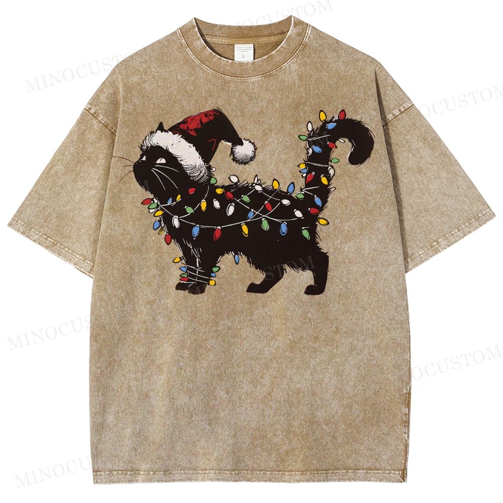 Cat Lover Christmas Washed T-Shirt 