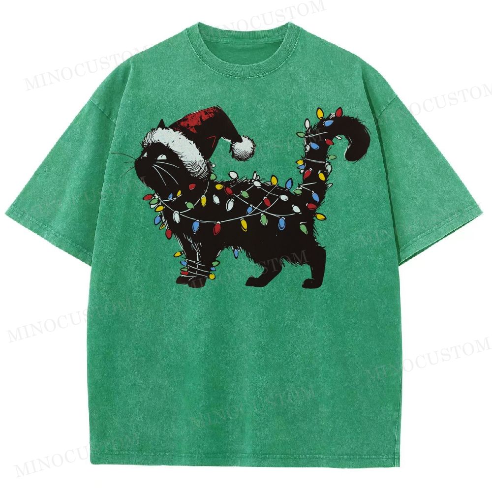 Cat Lover Christmas Washed T-Shirt 