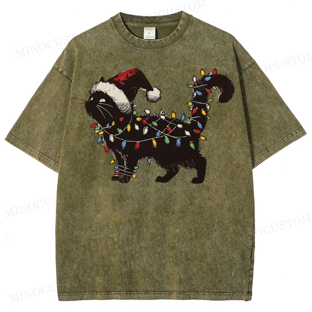 Cat Lover Christmas Washed T-Shirt 