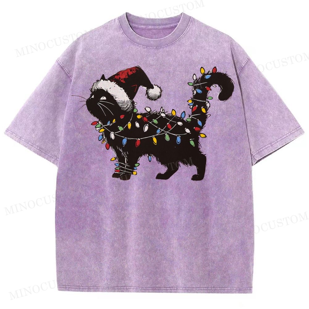 Cat Lover Christmas Washed T-Shirt 