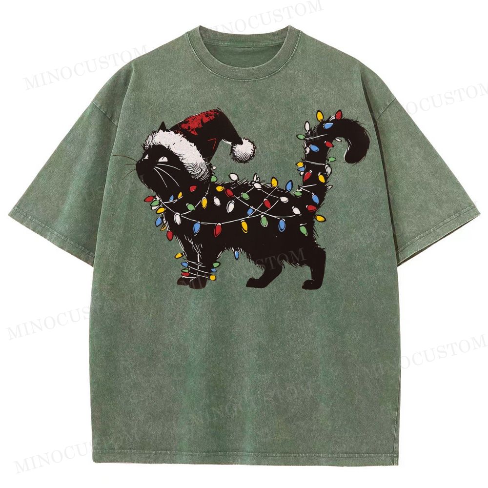 Cat Lover Christmas Washed T-Shirt 