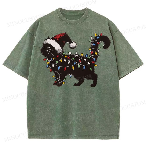 Cat Lover Christmas Washed T-Shirt 
