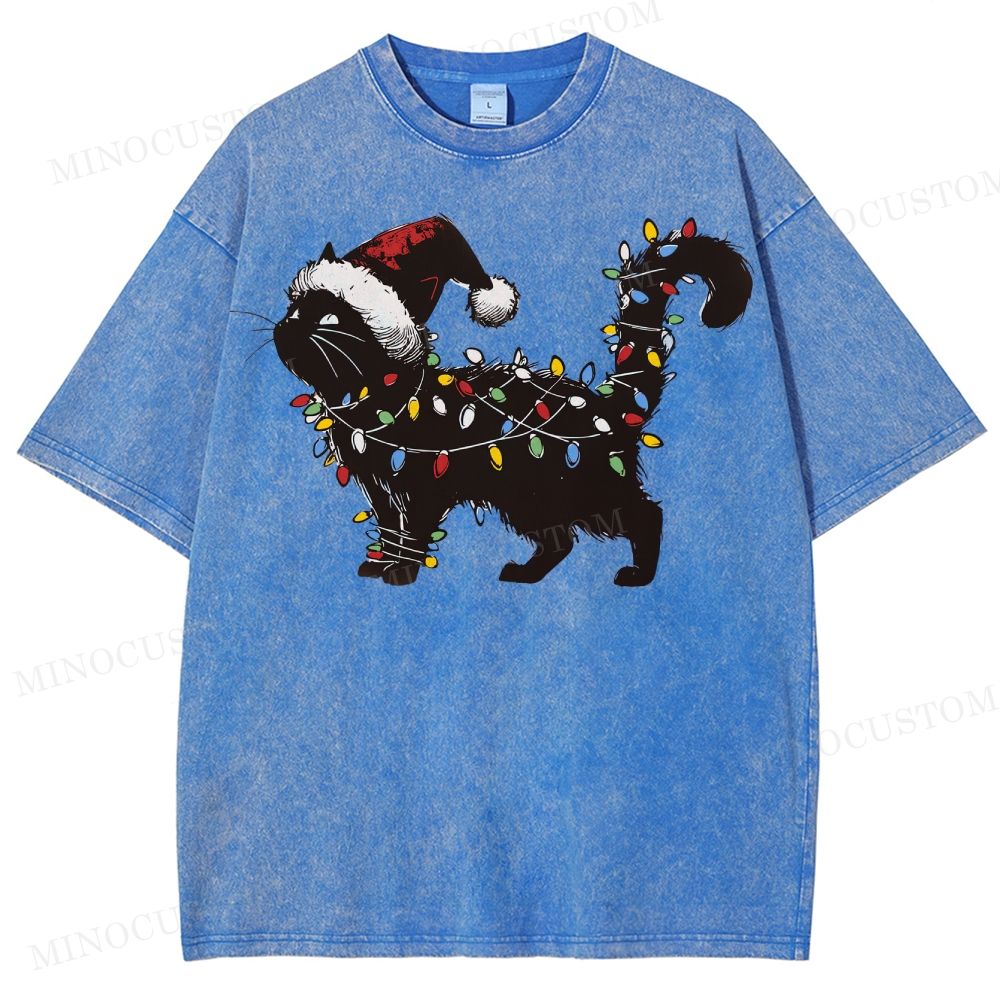 Cat Lover Christmas Washed T-Shirt 
