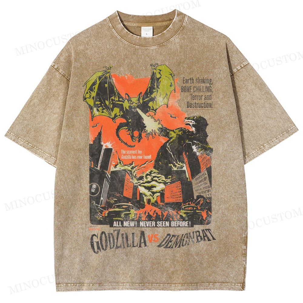 Godzilla vs Demonbat Retro Kaiju Action Poster Graphic Washed T-Shirt