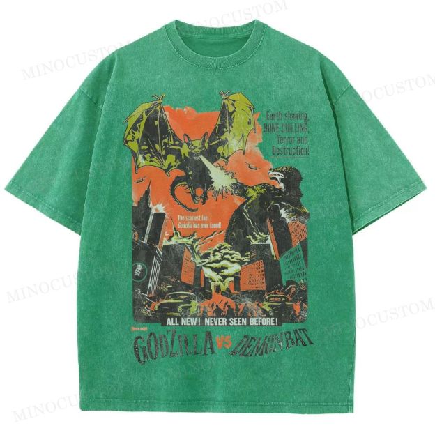 Godzilla vs Demonbat Retro Kaiju Action Poster Graphic Washed T-Shirt