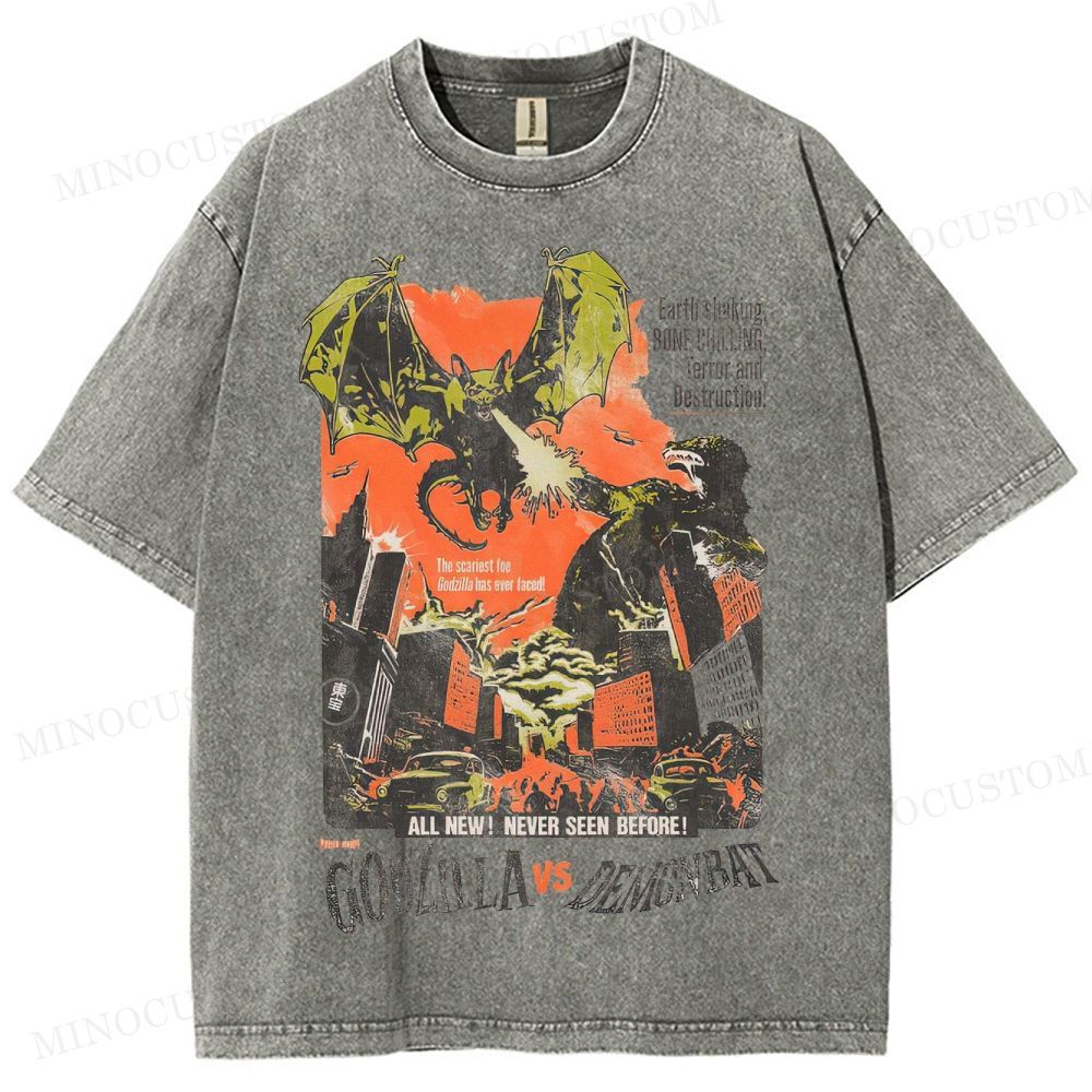 Godzilla vs Demonbat Retro Kaiju Action Poster Graphic Washed T-Shirt