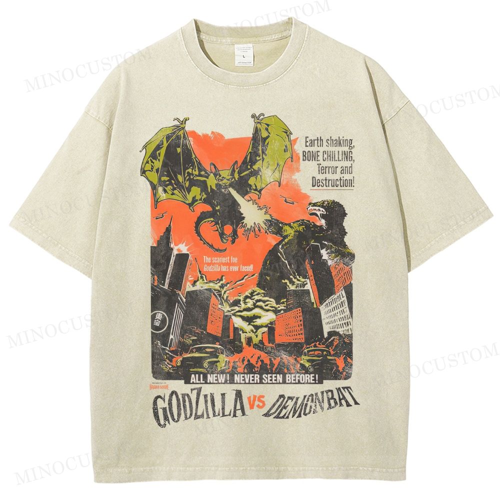 Godzilla vs Demonbat Retro Kaiju Action Poster Graphic Washed T-Shirt