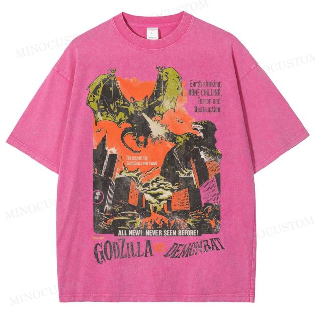 Godzilla vs Demonbat Retro Kaiju Action Poster Graphic Washed T-Shirt