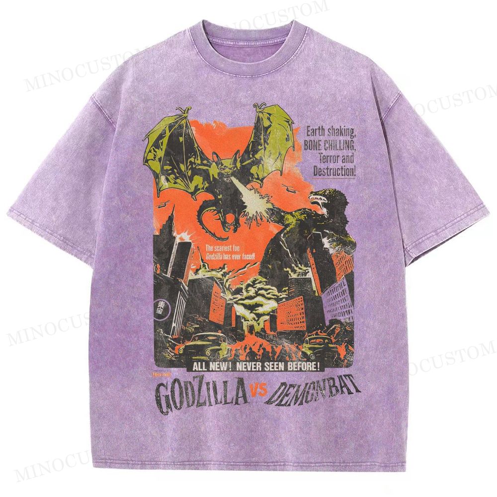 Godzilla vs Demonbat Retro Kaiju Action Poster Graphic Washed T-Shirt
