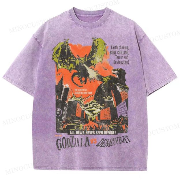 Godzilla vs Demonbat Retro Kaiju Action Poster Graphic Washed T-Shirt