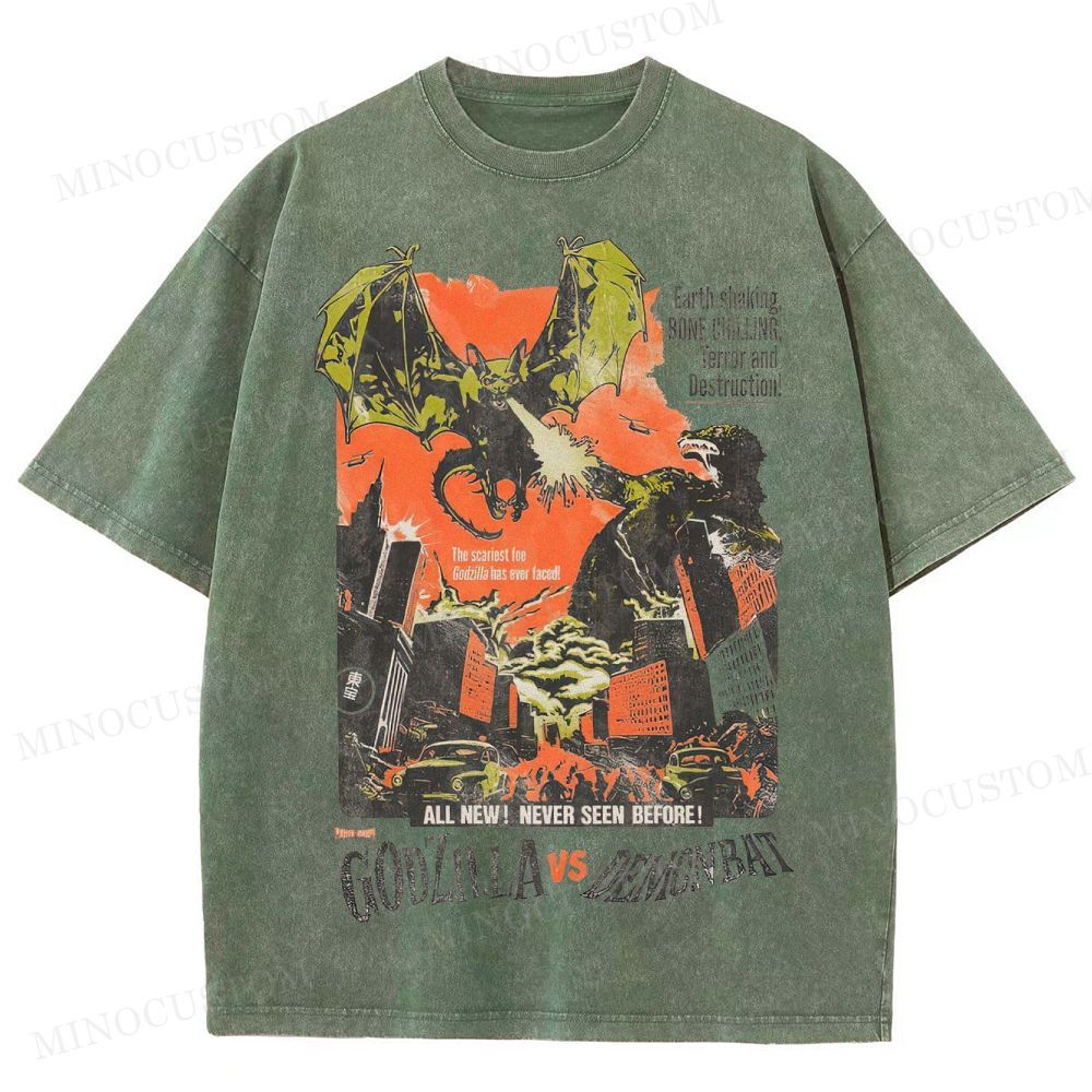 Godzilla vs Demonbat Retro Kaiju Action Poster Graphic Washed T-Shirt