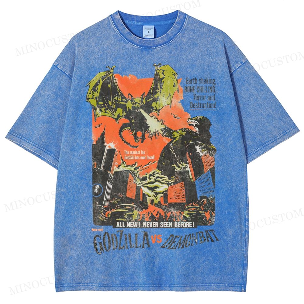 Godzilla vs Demonbat Retro Kaiju Action Poster Graphic Washed T-Shirt