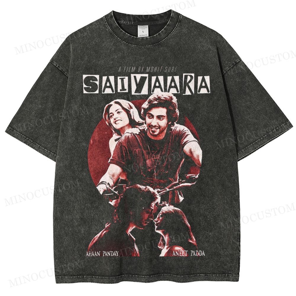 Saiyaara Romantic Drama Retro Collage Graphic Washed T-Shirt