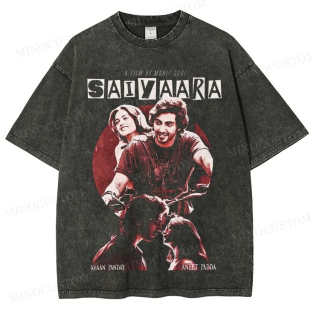 Saiyaara Romantic Drama Retro Collage Graphic Washed T-Shirt