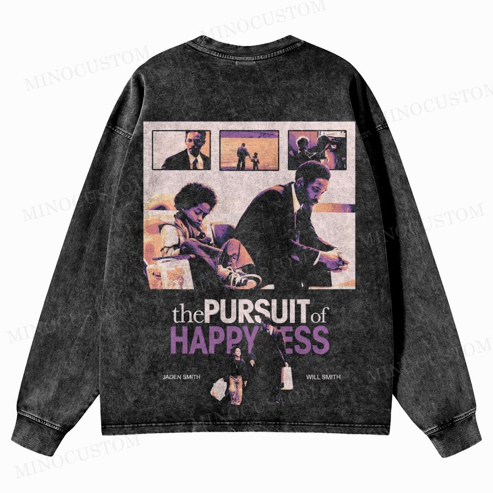 The Pursuit of Happyness Inspirational Drama Retro Collage Graphic Washed Long-Sleeved T-Shirt