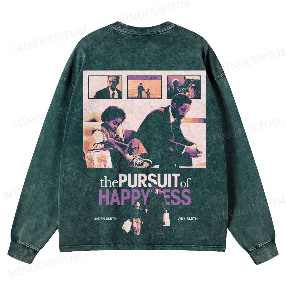 The Pursuit of Happyness Inspirational Drama Retro Collage Graphic Washed Long-Sleeved T-Shirt