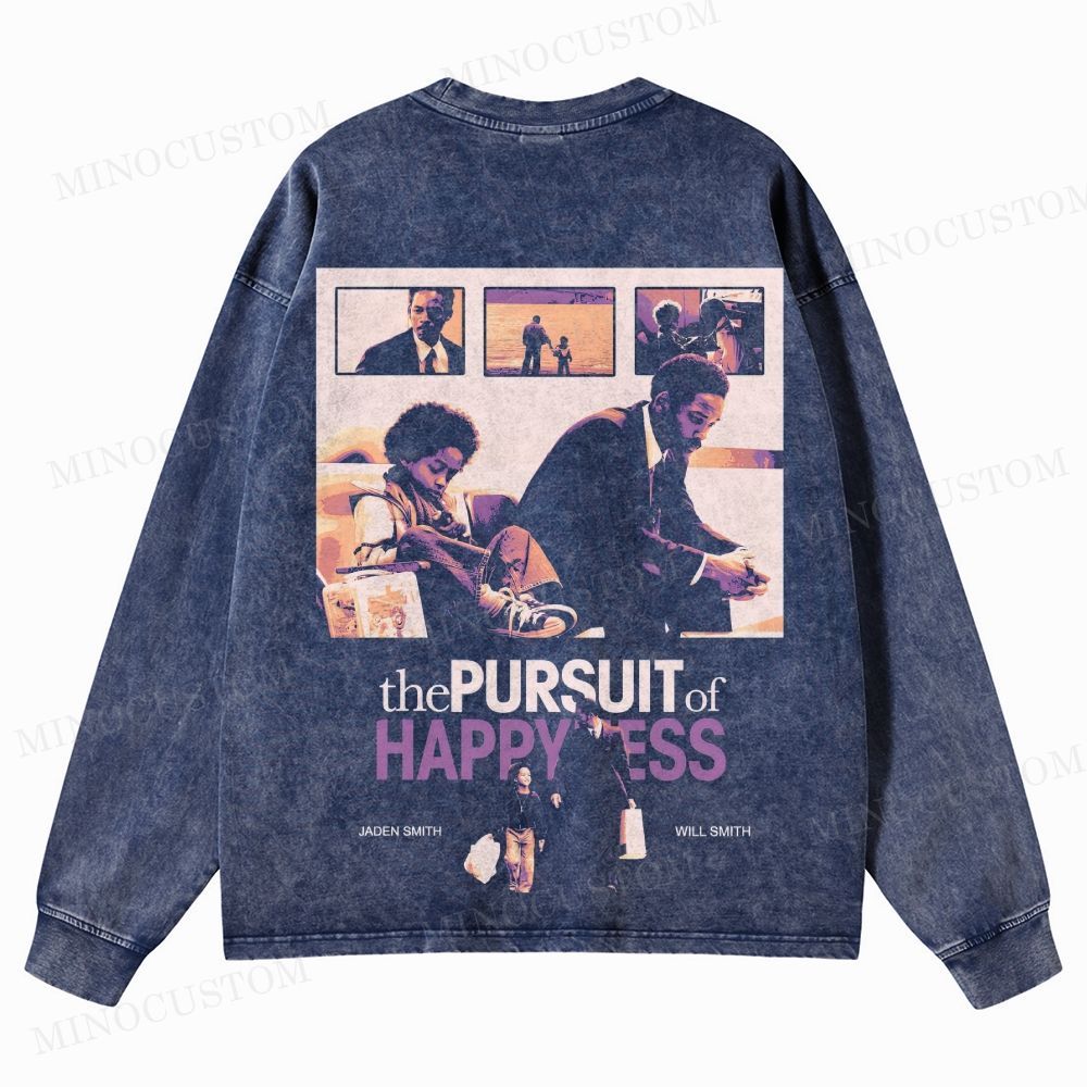 The Pursuit of Happyness Inspirational Drama Retro Collage Graphic Washed Long-Sleeved T-Shirt